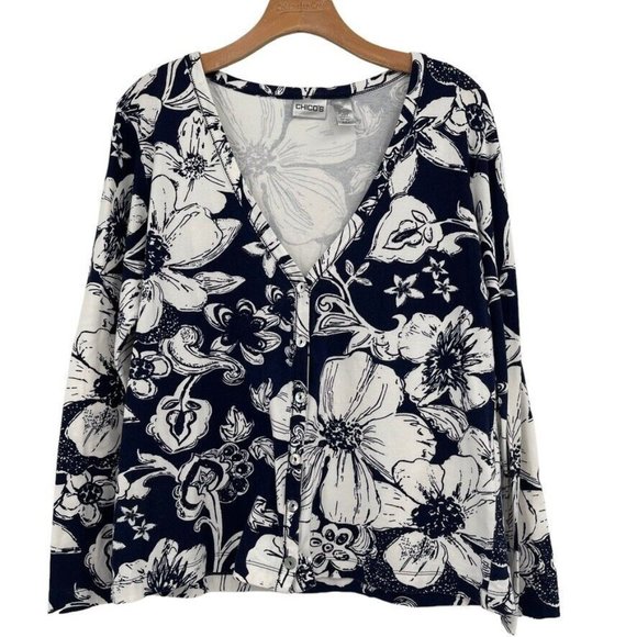 Chicos 2 women top shirt cardigan cotton knit navy floral size large long sleeve - Picture 1 of 5